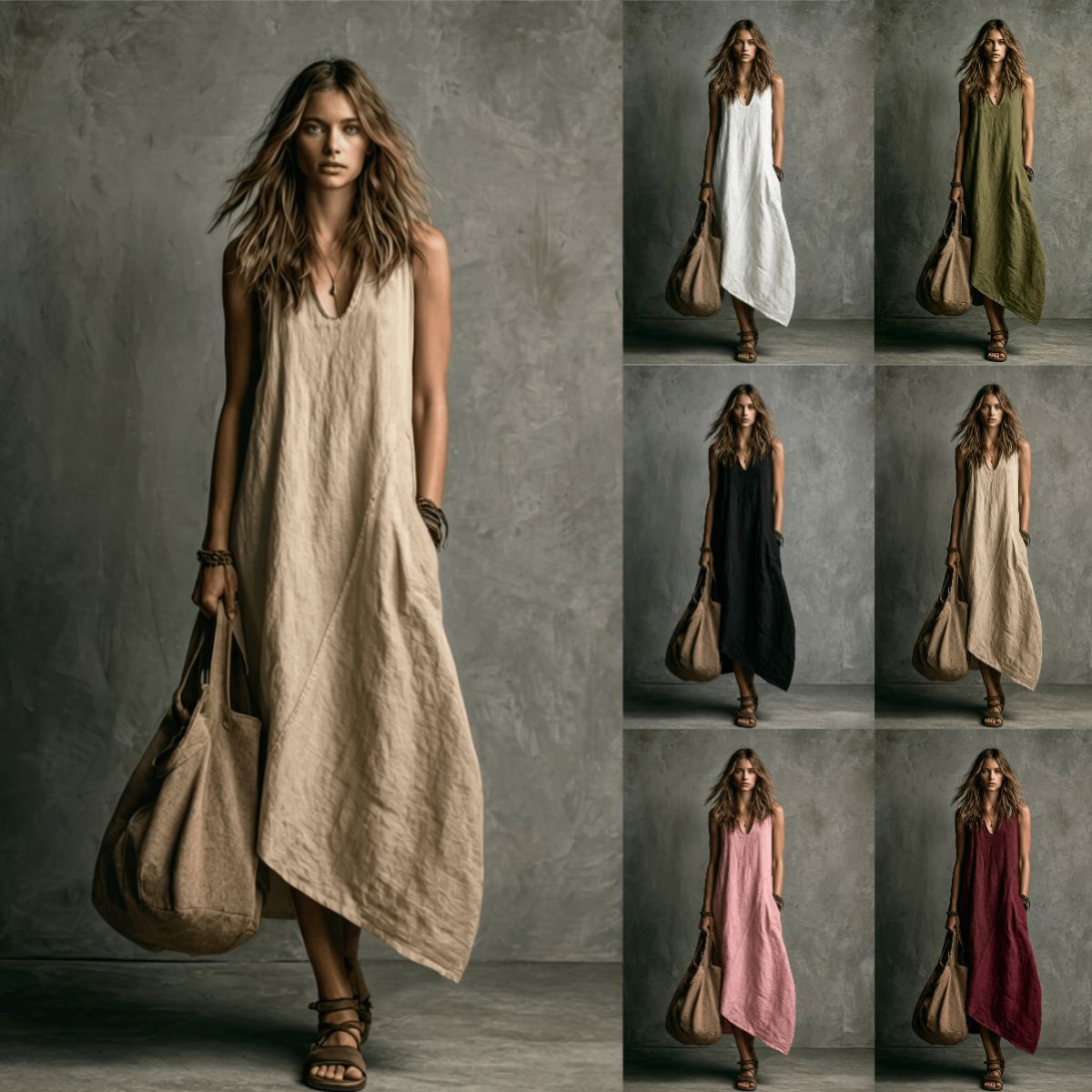 Sleeveless Colorblock Midi Dress with Pockets Linen Blend Vacation Casual