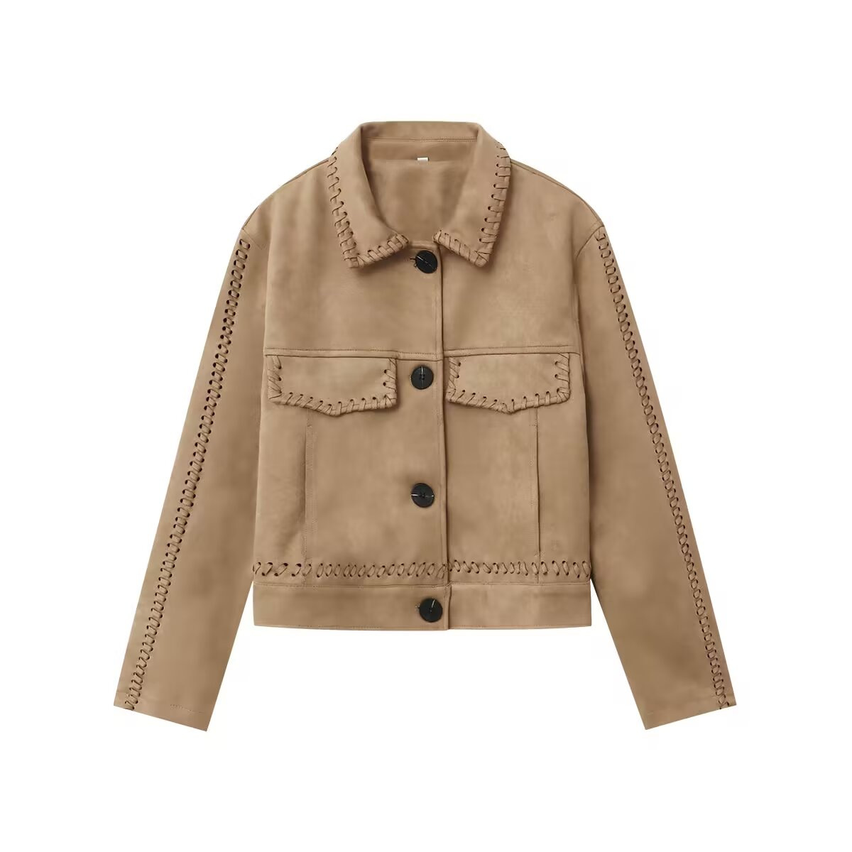 Suede-Feel Moto Jacket with Lapel Collar, Cropped Fit