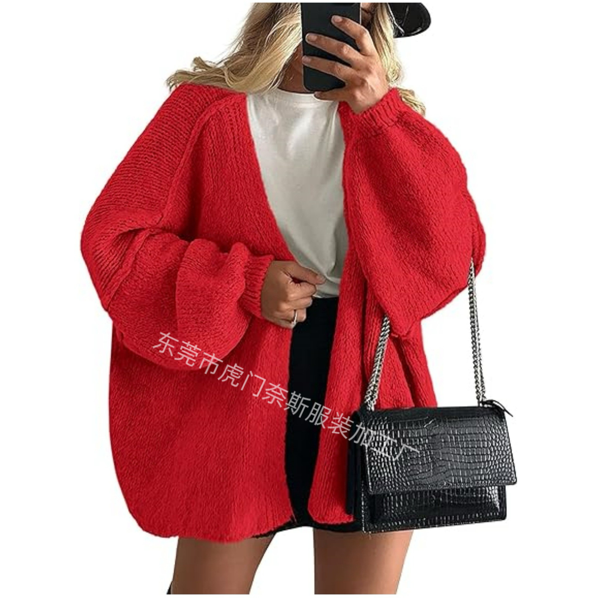 Women's Knit Cardigan Sweater Loose Crew Neck Three-Quarter Sleeve