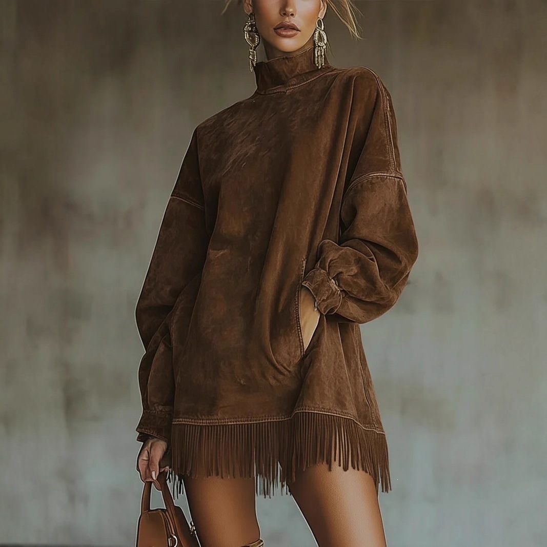 High Neck Faux Suede Vintage Loose Pocket Fringe Long Sleeve Dress