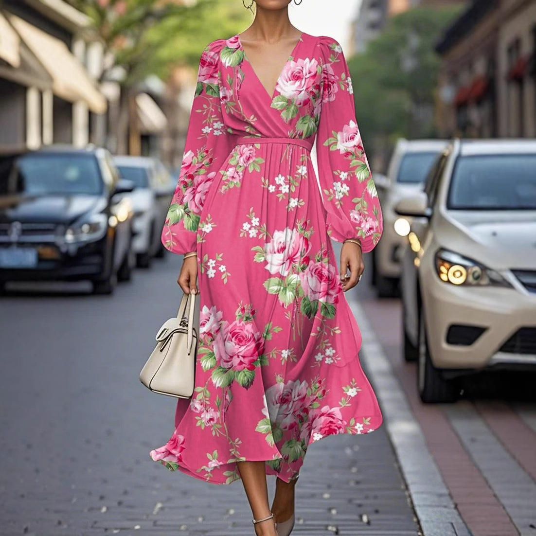V-Neck Long Sleeve Digital Print Waist-Cinching Long Dress