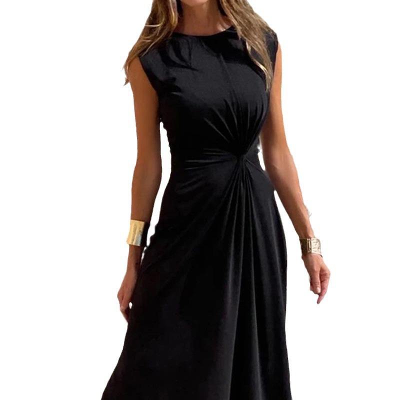 Women's Elegant Round Neck Sleeveless Long Dress Waist-Cinched Commuter
