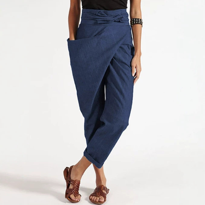 Women's Irregular Tie-Waist Cropped Pants Casual Straight-Leg High-Waist