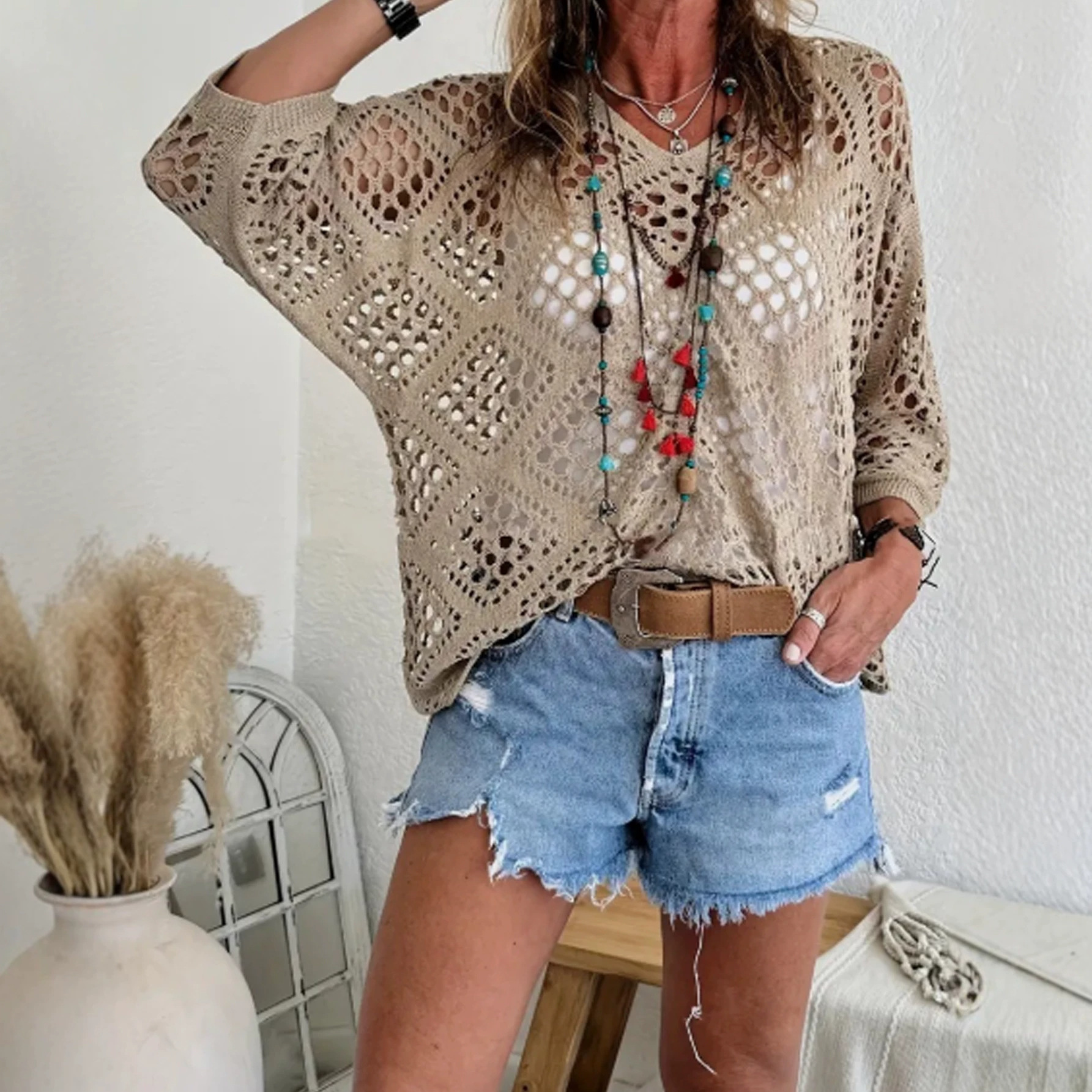 V-Neck Diamond Openwork Batwing Sleeve Knit Sweater Top