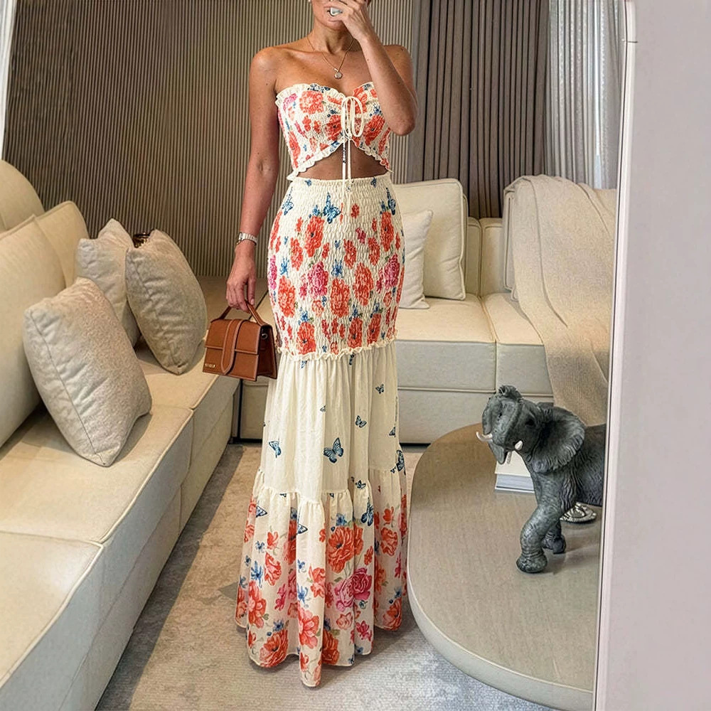 Tropical Print Smocked Tube Top and Ruffle Hem Long Pants Set