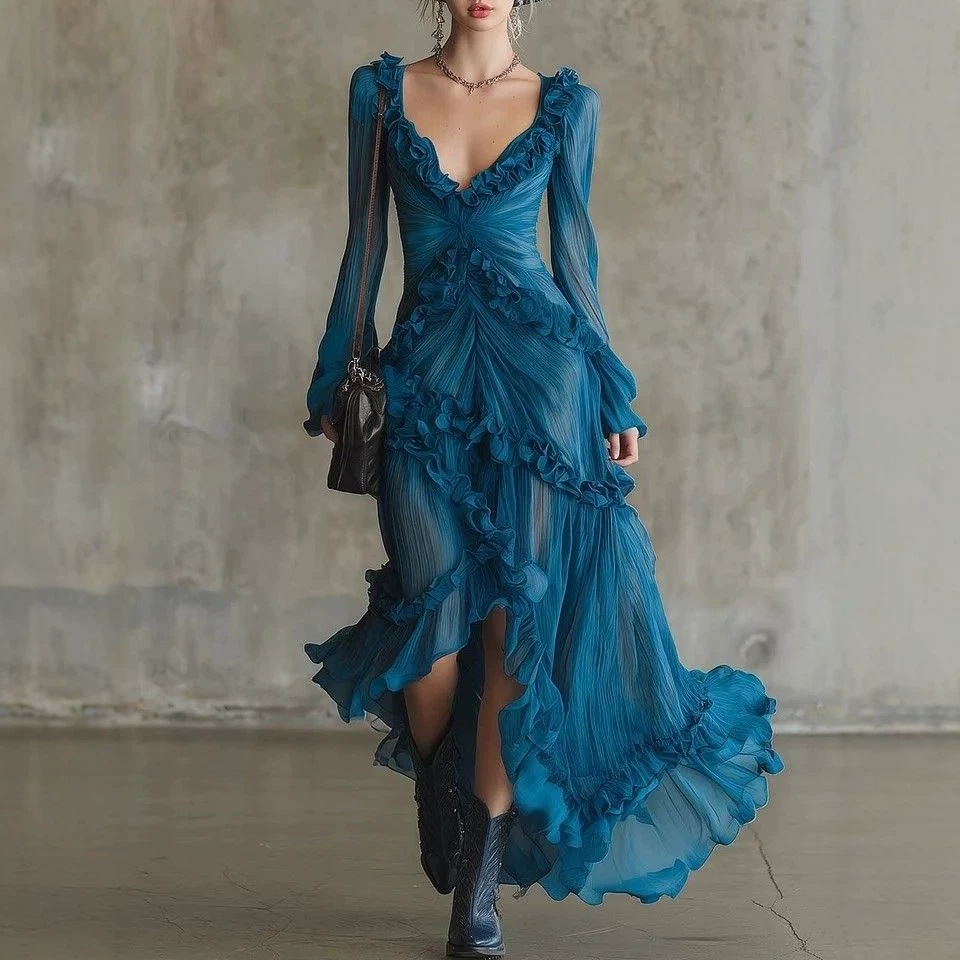 Peacock Blue Deep V Ruffle Pleated Sheer Slit Long Sleeve Maxi Dress