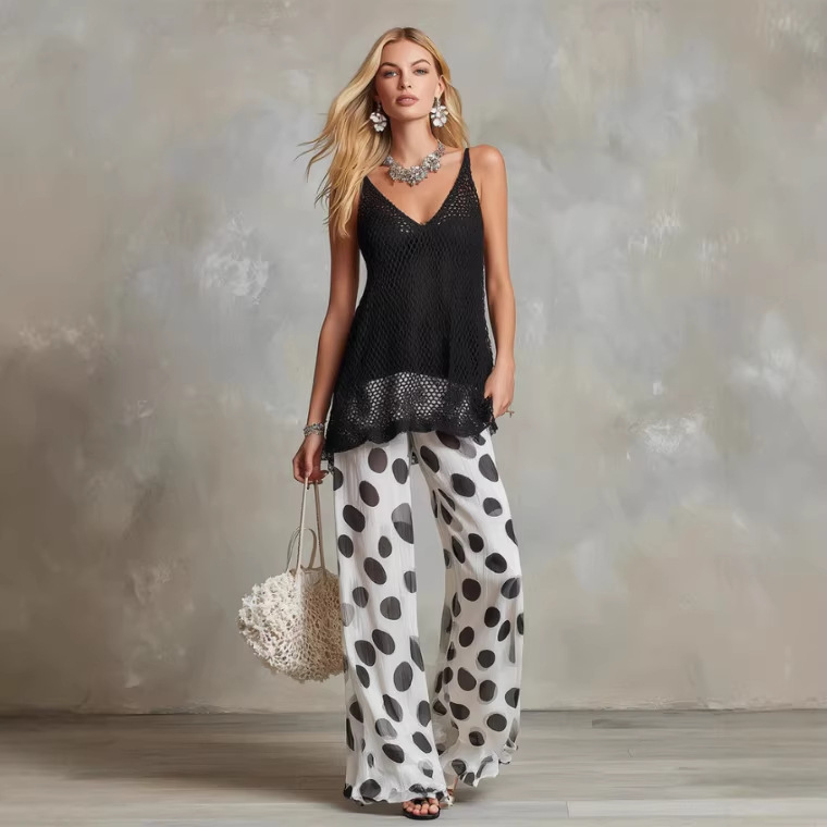 Retro Black Mesh Knit Tank Top and Polka Dot Chiffon Wide-Leg Pants Set