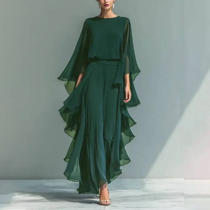 Women's Navy Chiffon Top and Straight-Leg Pants Set with Bell Sleeves and Ruffles