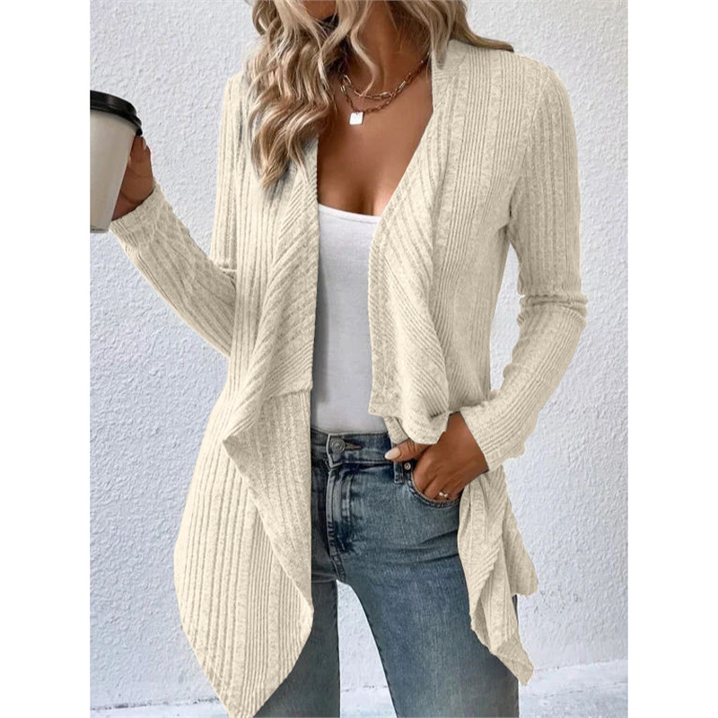 Solid Ribbed Knit Cardigan Long Sleeve V-Neck Loose Fit Casual Sweater Coat