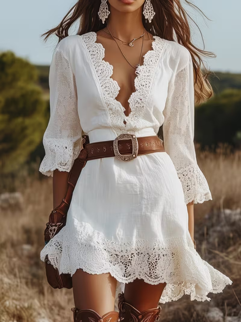 Women's V-Neck Lace Trim Bell Sleeve Loose Dress