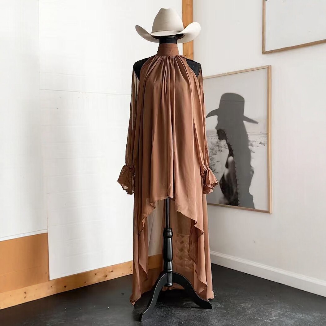 High Neck Irregular Chiffon Dress Long Sleeve Tie Flowy Maxi