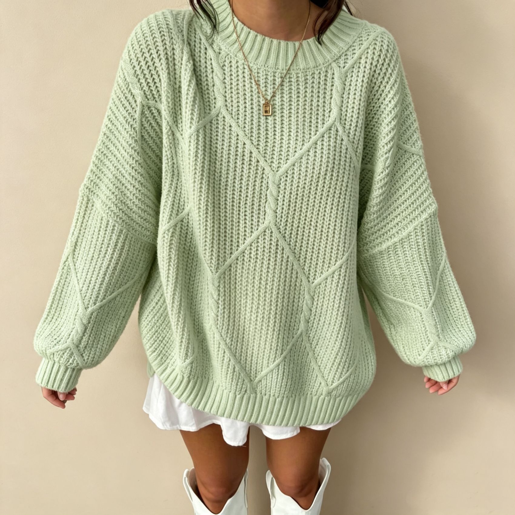 Women's Cable Knit Diamond Crewneck Pullover Sweater