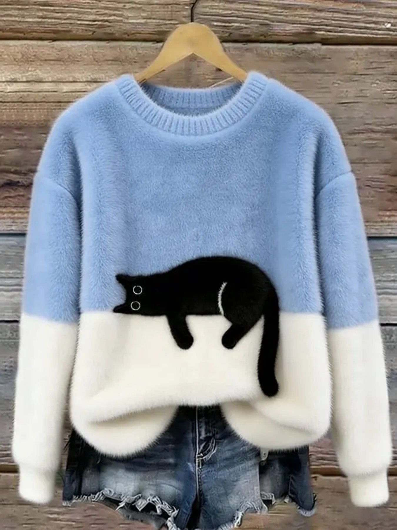 Sleeping Cat Print Crewneck Long Sleeve Pullover Sweatshirt