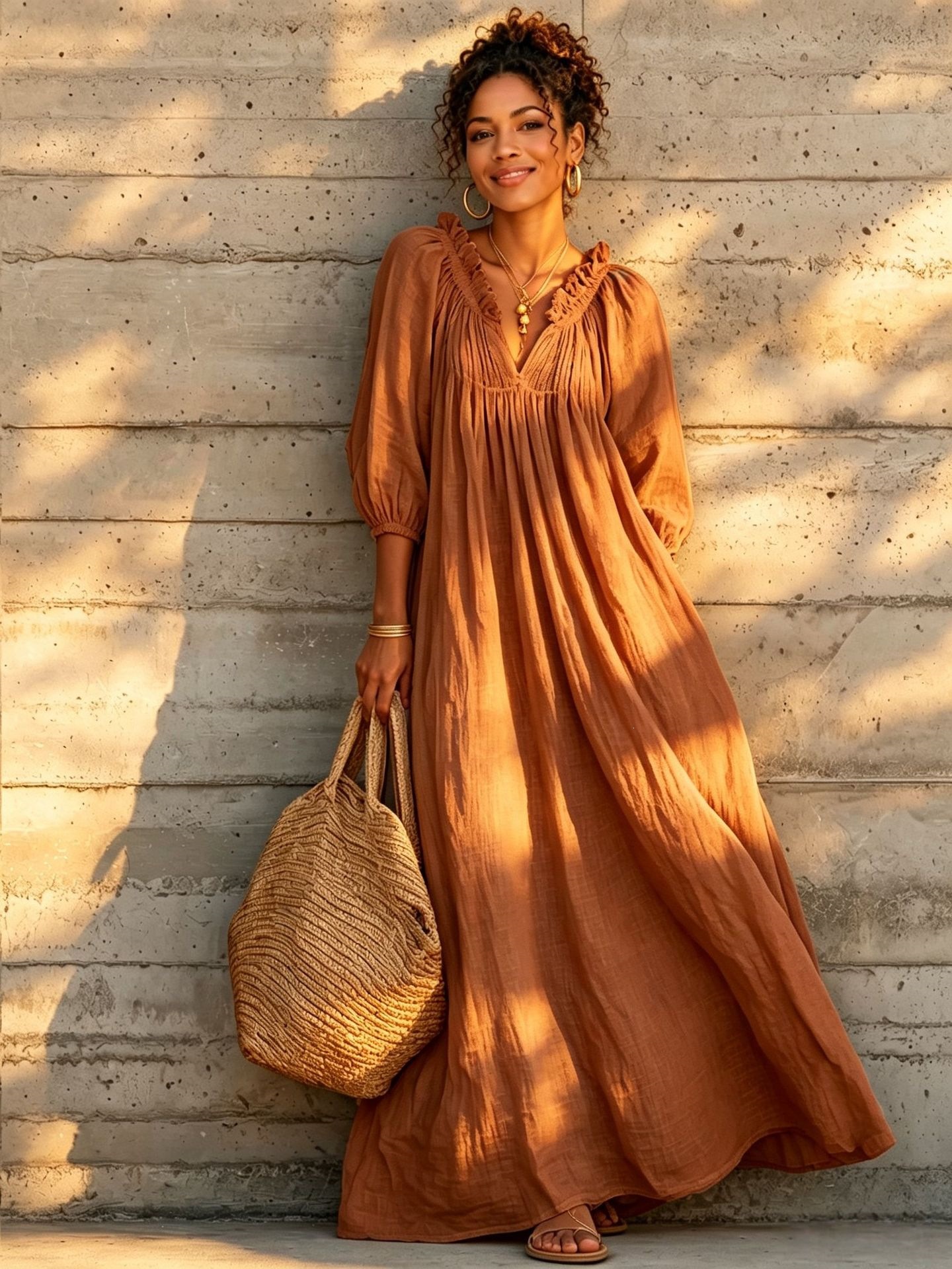 V-Neck Lantern Sleeve Boho Maxi Dress