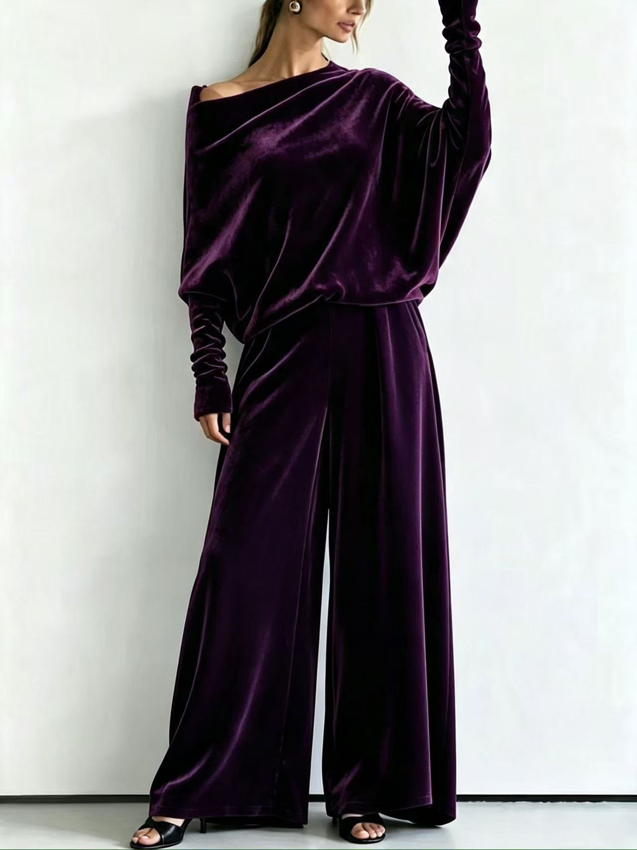 Velvet One-Shoulder Batwing Sleeve Top & High-Waist Wide-Leg Pants Set