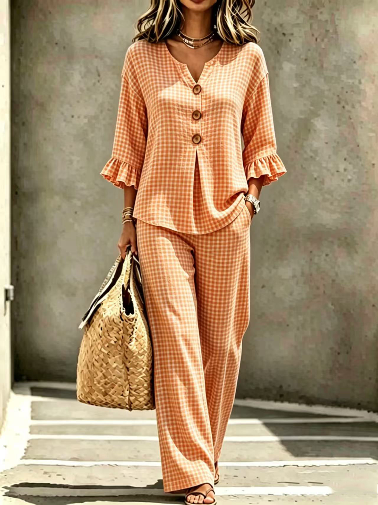 Women's Plaid V-Neck Ruffle Button Top & Pants Set