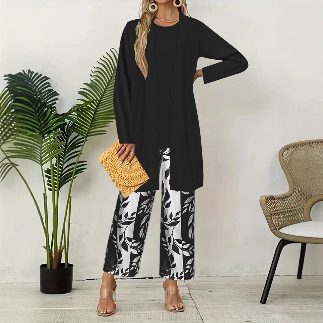 Floral Print 3-Piece Women's Set: Cardigan, Tank Top & Wide-Leg Pants