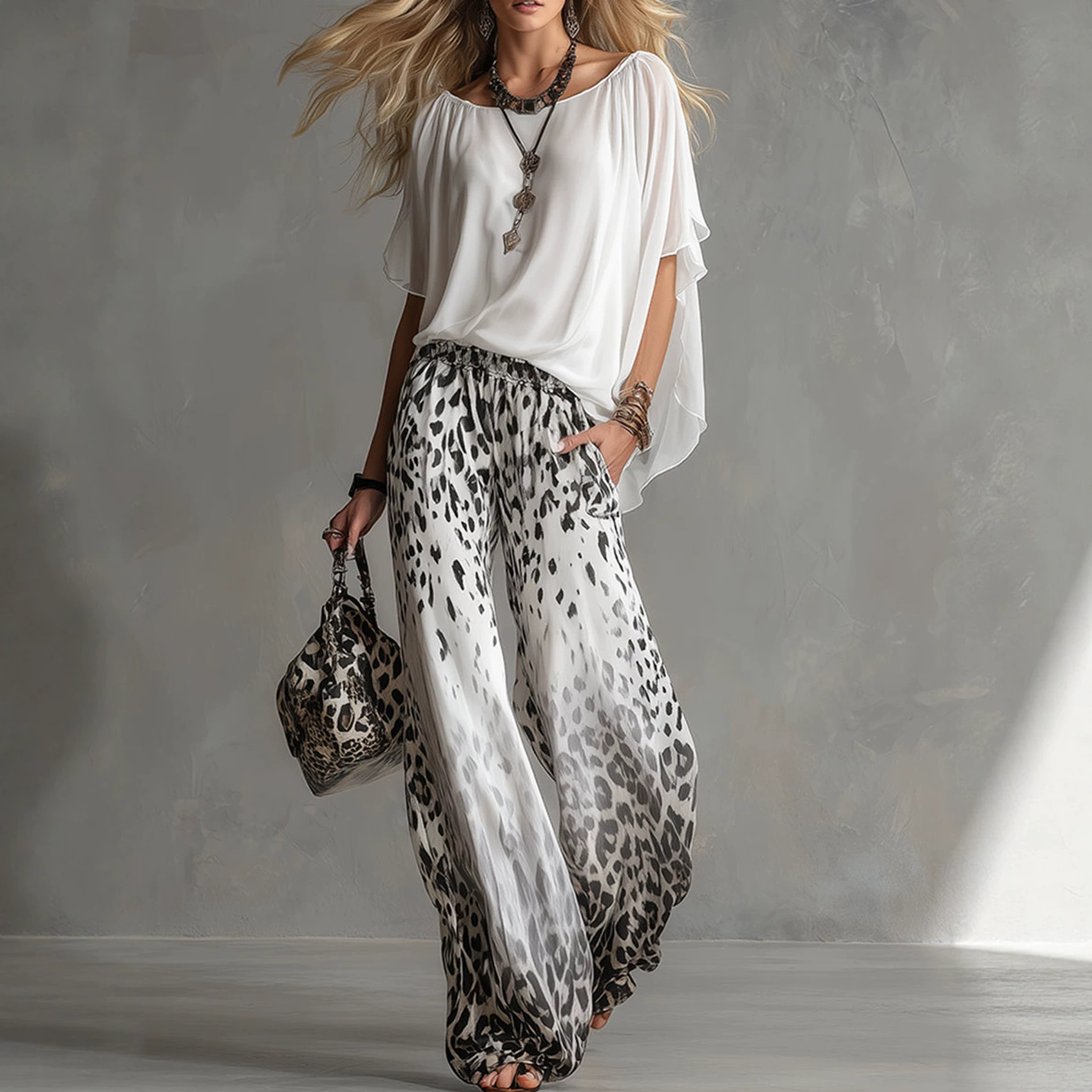 Women's Lightweight Short Sleeve Leopard Print Wide Leg Pants Set Casual