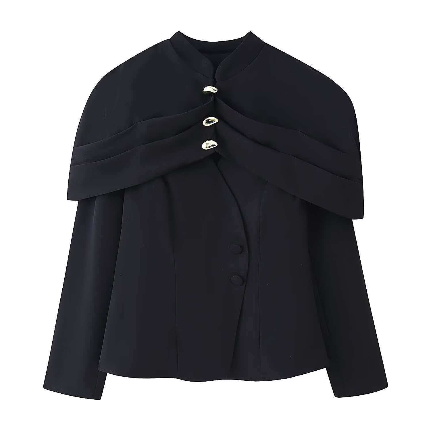 Women's Stand Collar Long Sleeve Faux Two-Piece Waist-Cinching Coat