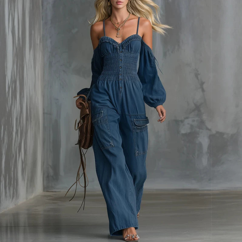 Off-Shoulder Ruched Lantern Sleeve Belted Denim Jumpsuit