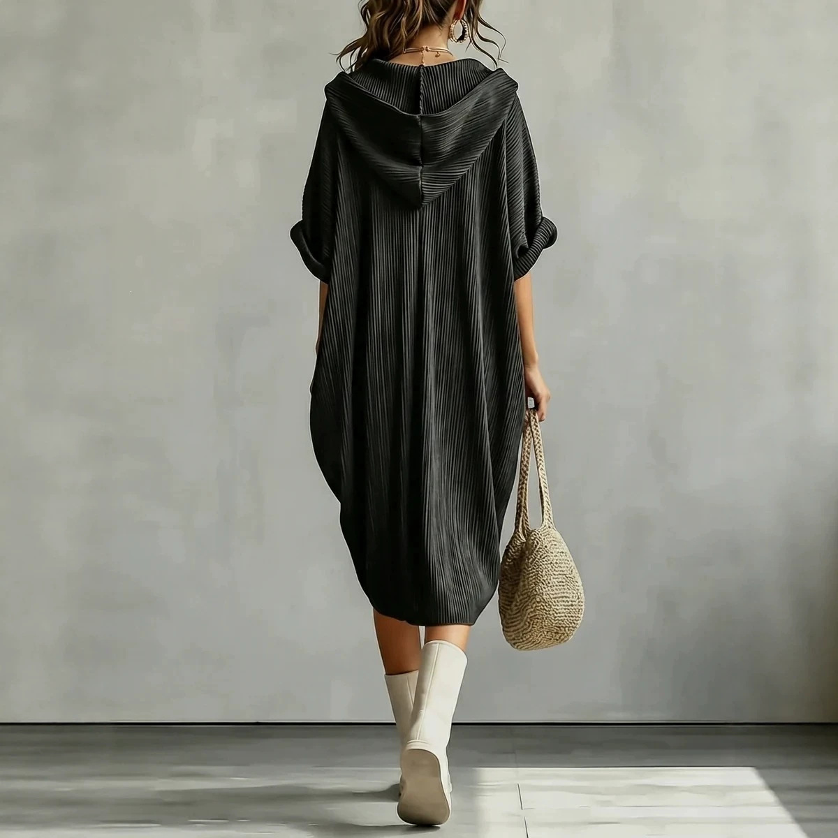 Dark Hooded Sweatshirt Dress Textured Ruched Loose Fit