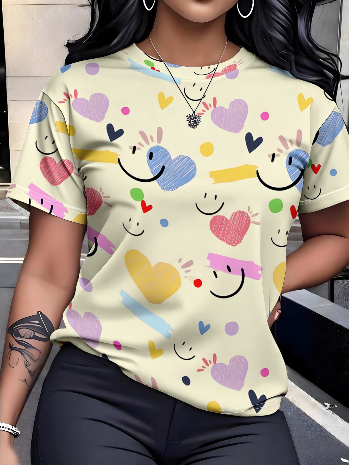 Women's V-Neck Short-Sleeve Gold Foil Rose Butterfly Print Top