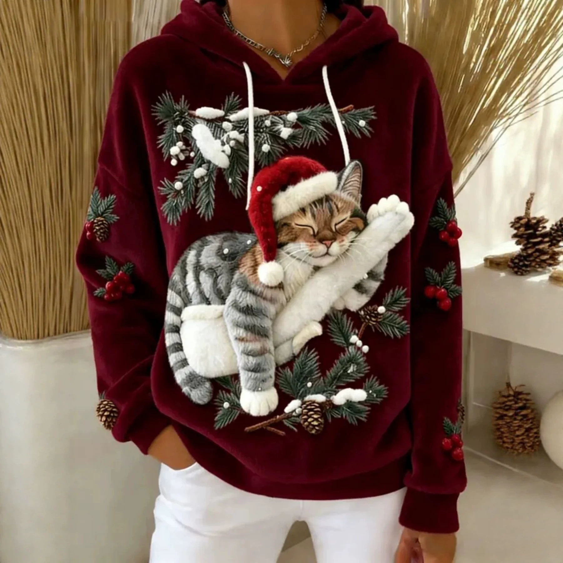 Christmas Cat Print Fleece Hoodie Women's Pullover
