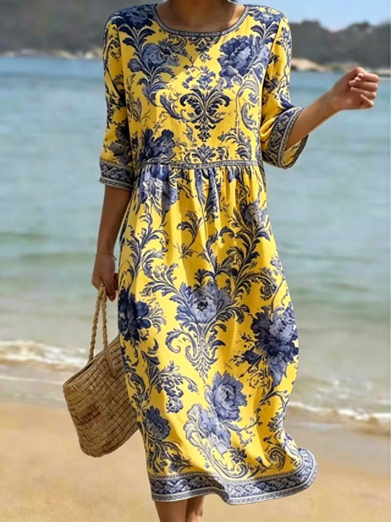 Women's Elegant Floral Print Pleated Midi Dress