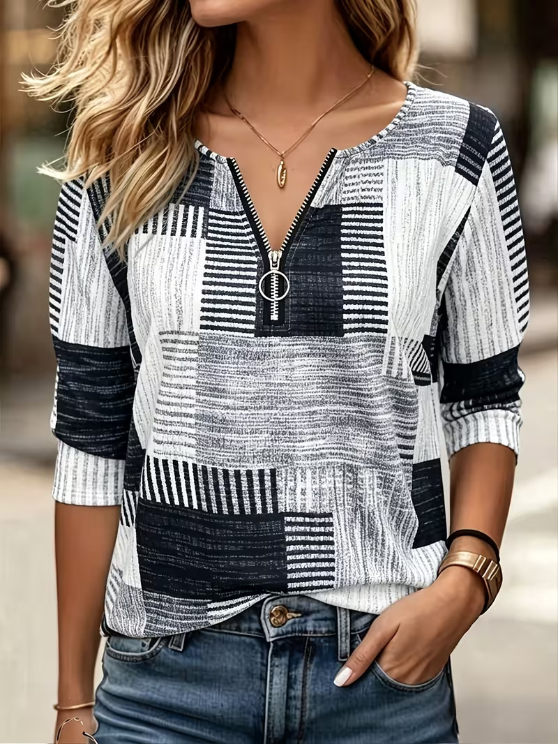 Plaid Print Half-Zip Hoodie for Women