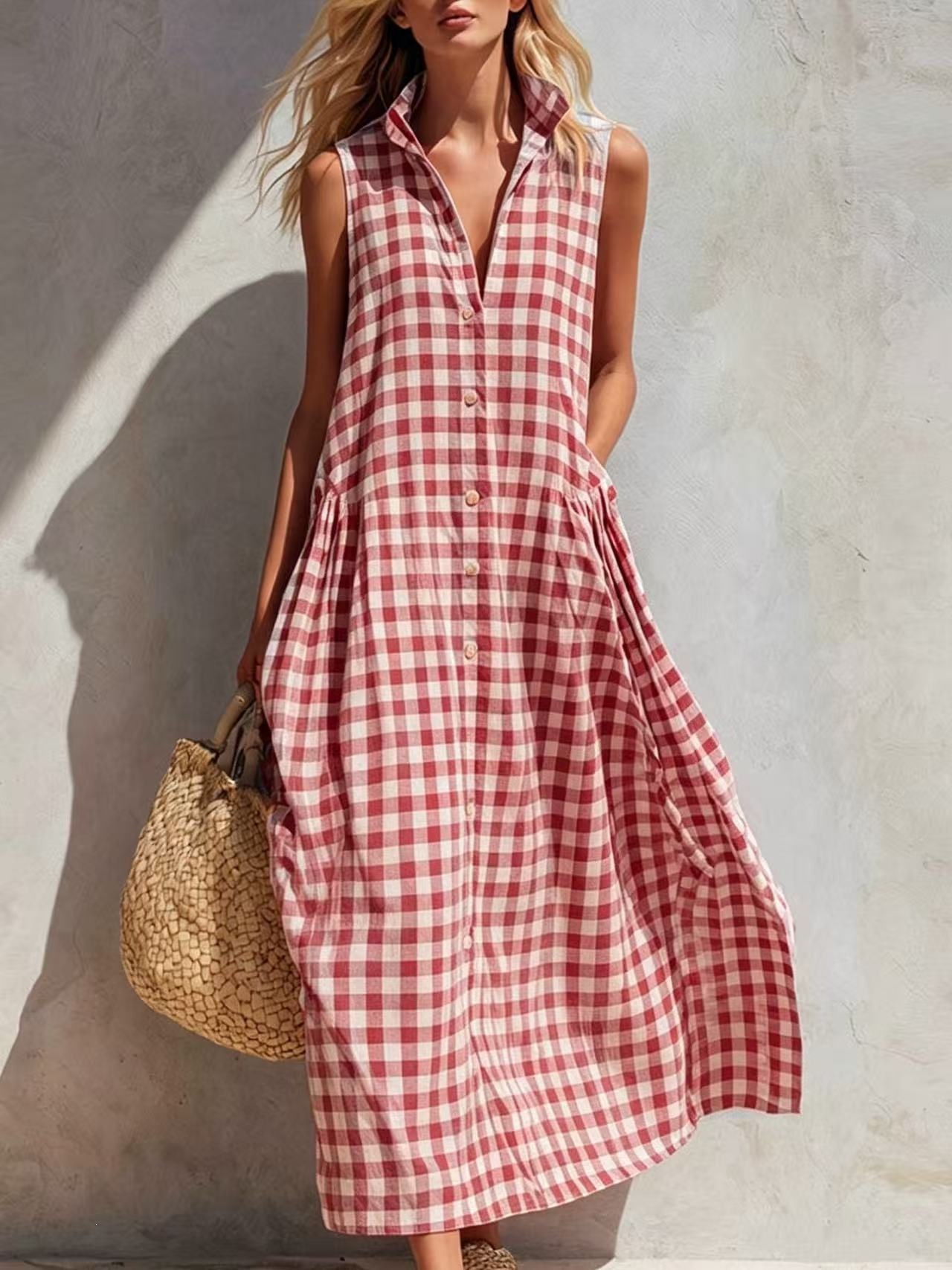 Sleeveless Plaid Maxi Dress Loose Vacation Beach