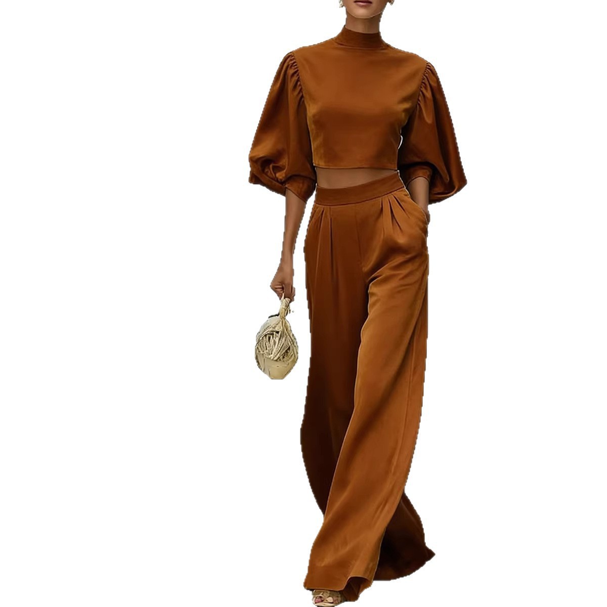Women's Casual Two-Piece Set Cropped Top High-Waist Pants