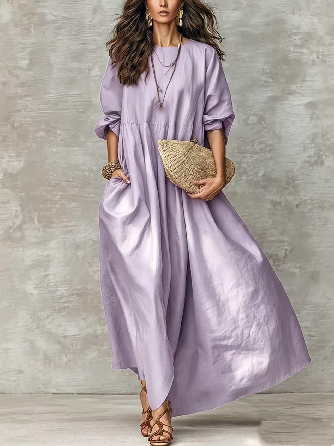 Crewneck Long Sleeve Loose A-Line Midi Dress with Pockets