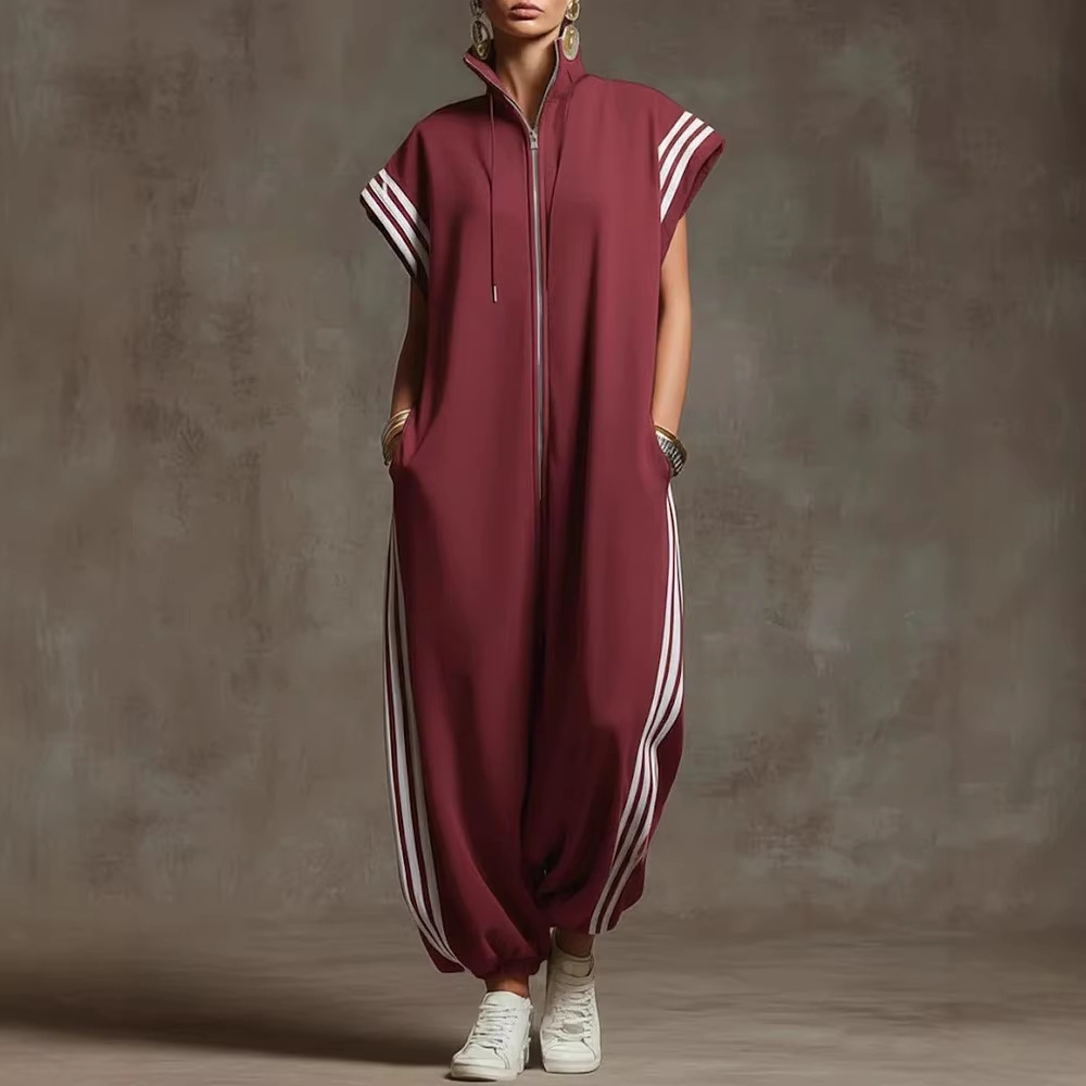Striped Colorblock Zip-Up Jumpsuit with Stand Collar