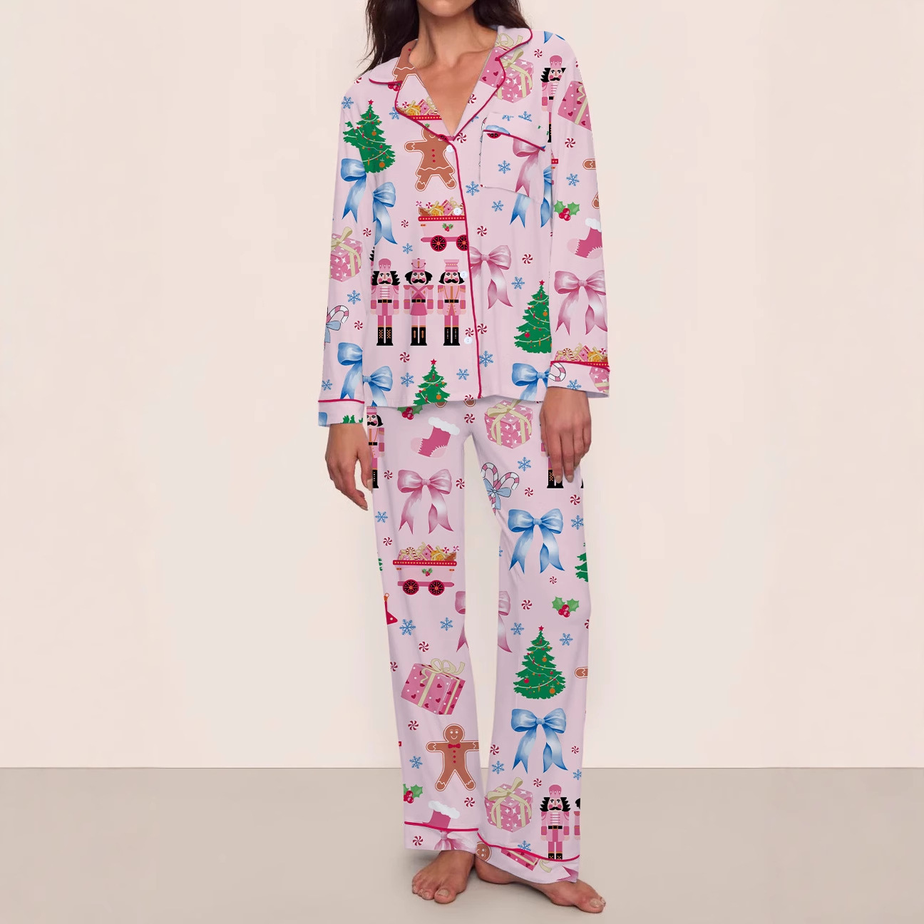 Women's Cuban Collar Tree Ribbon Bus Print Long Sleeve Shirt Set