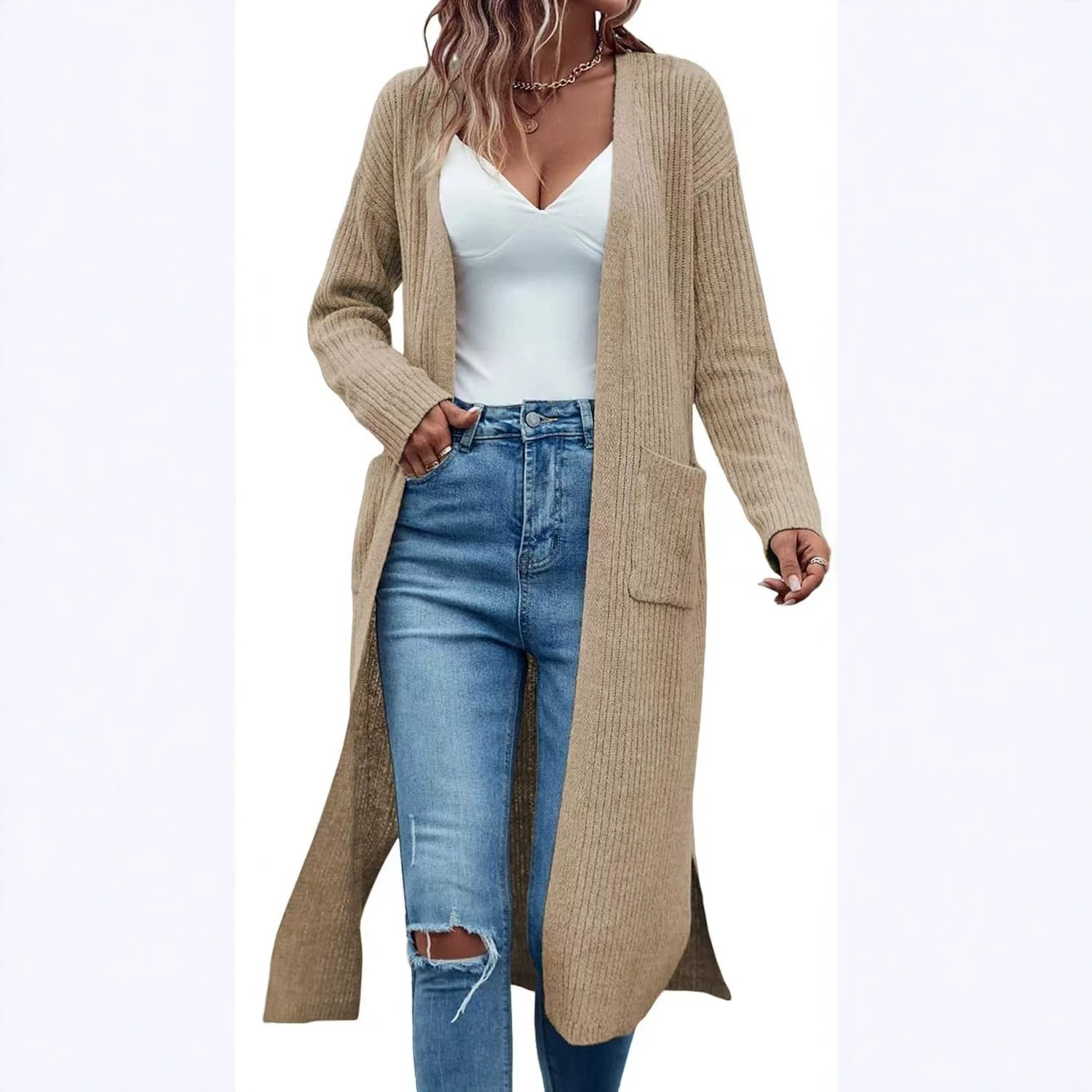 Long Slit Lazy Style Pocket Cardigan Sweater Women's Loose Knit Coat