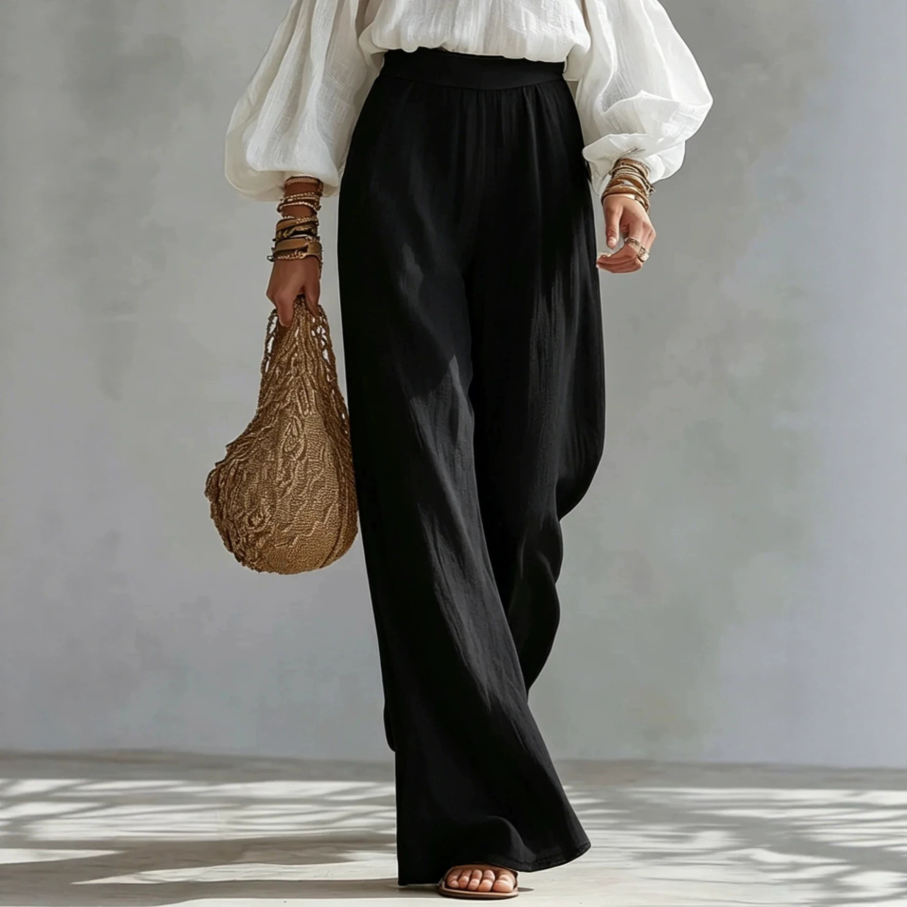 Off-Shoulder Cami Bubble-Sleeve Top & Wide-Leg Pants Two-Piece Set