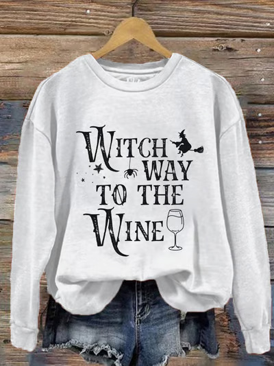 Women's Halloween Witch Wine Glass Print Crewneck Sweatshirt