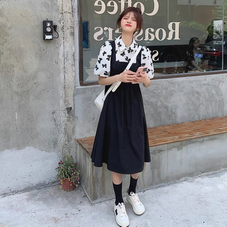 Floral Print A-Line Midi Dress with Polo Collar and Puff Sleeves