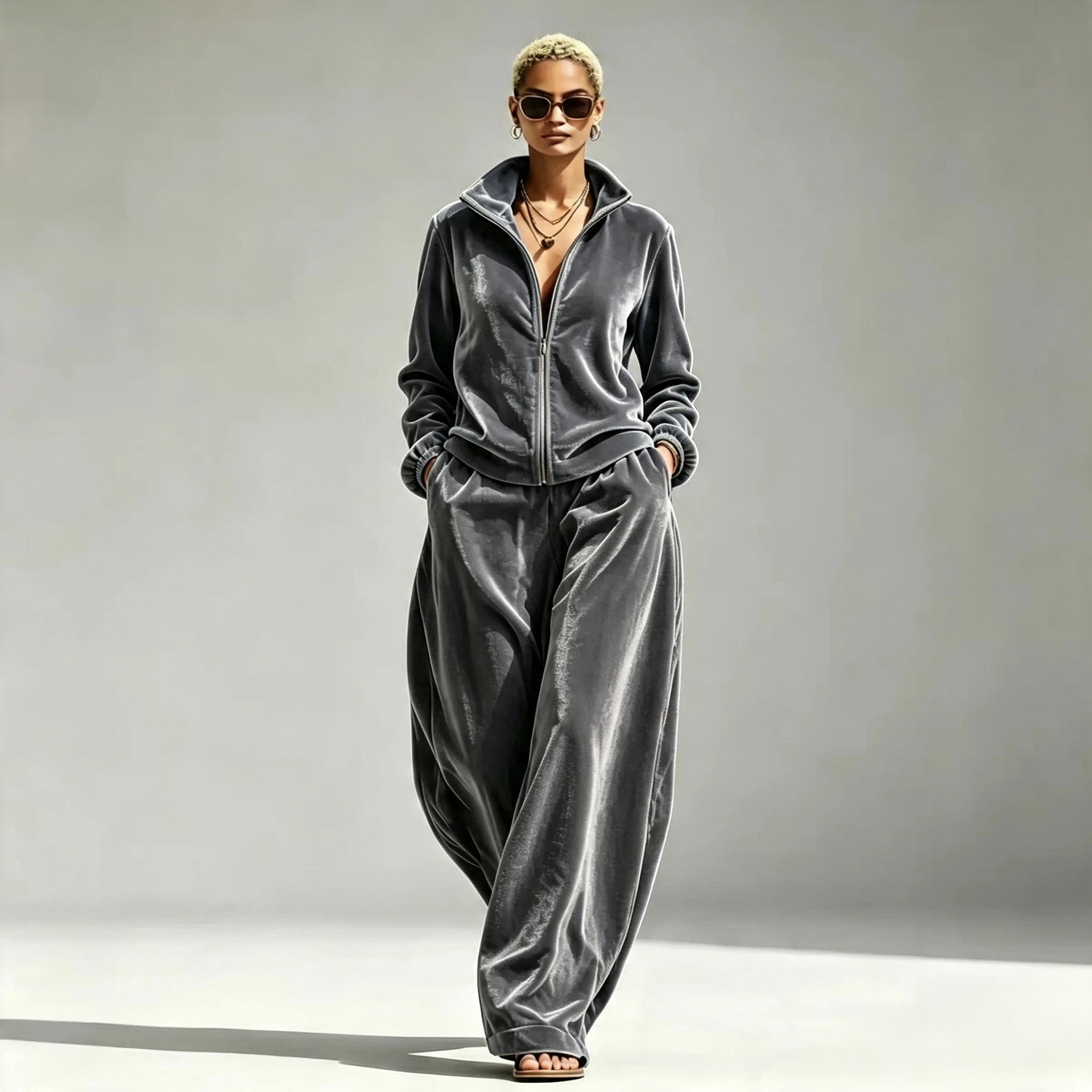 2026 Amazon Independent Site Hot-Selling Women's Autumn/Winter New Casual Stand Collar Gold Velvet Loose Pants Two-Piece Set