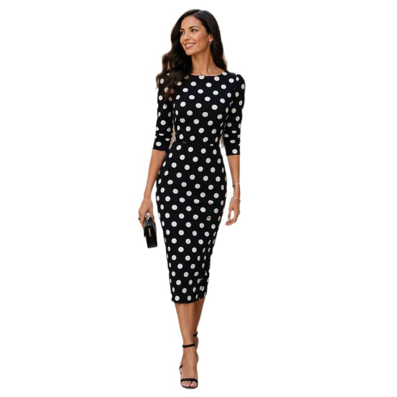Color-Block Polka Dot Waist-Cinching Slim Fit Midi Dress