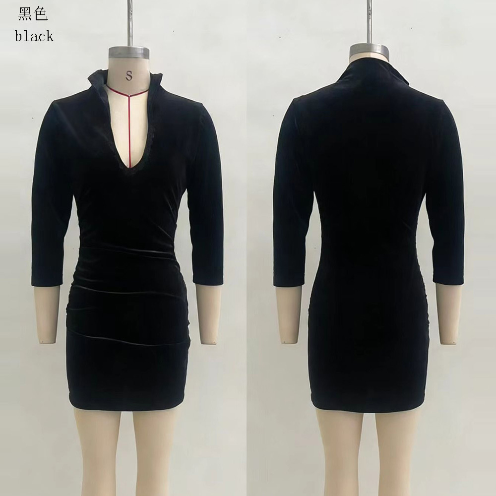 Black Slim-Fit French-Style Long-Sleeve Midi Dress