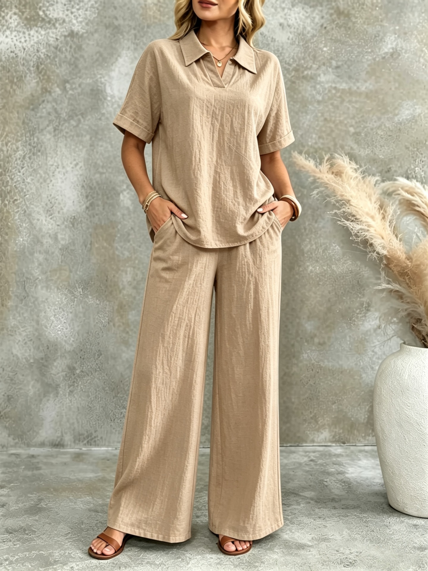 Women's Solid Short-Sleeve Collared Shirt & Wide-Leg Pants Two-Piece Set