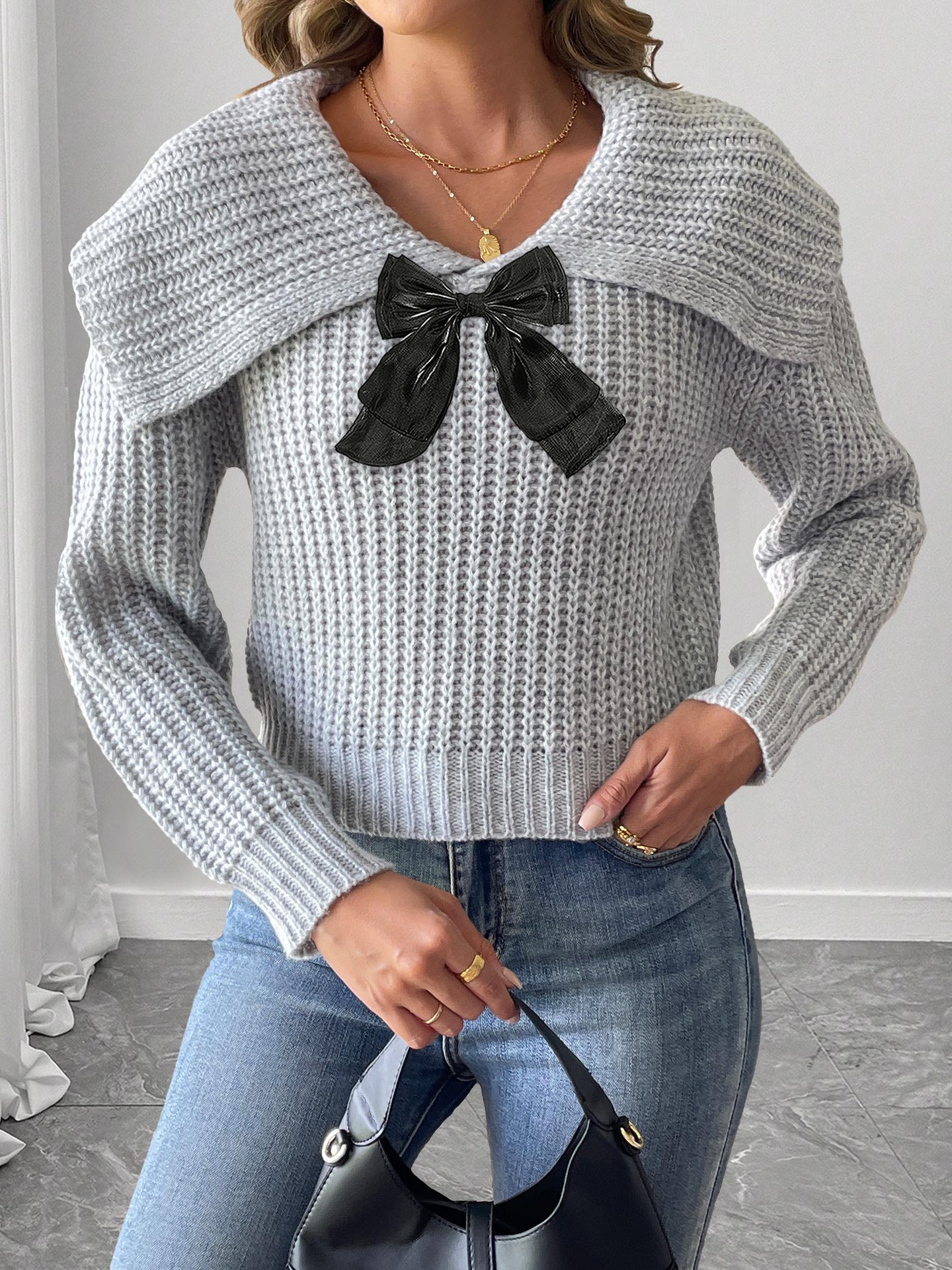 Women's Cropped Knit Sweater with Bow Detail and Oversized Collar