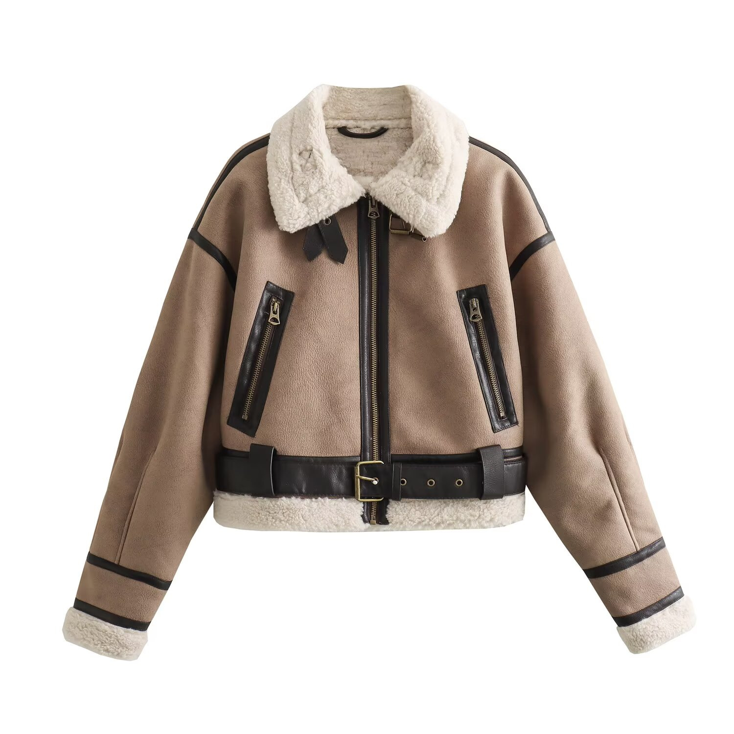 Women's Cropped Zip-Up Jacket with Pockets, Khaki & Brown