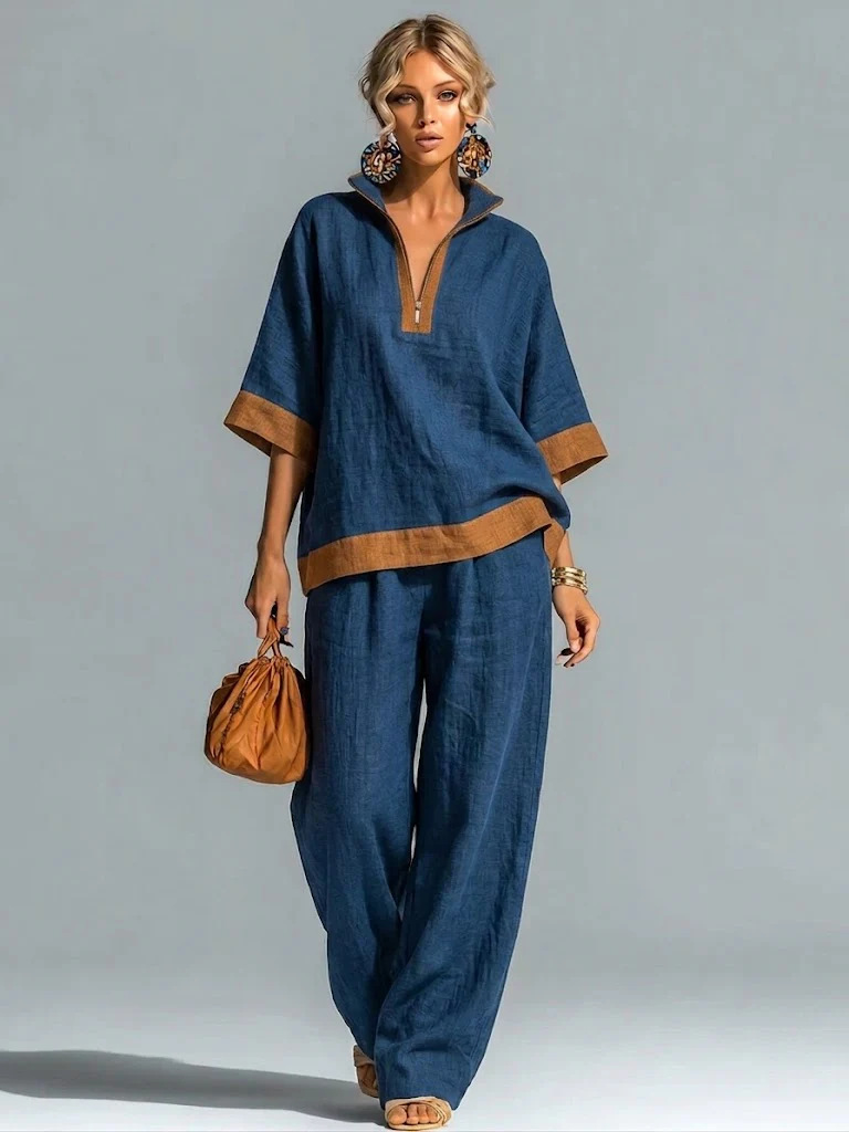 Women's Loose Casual Zip-Neck Top and Pants Set