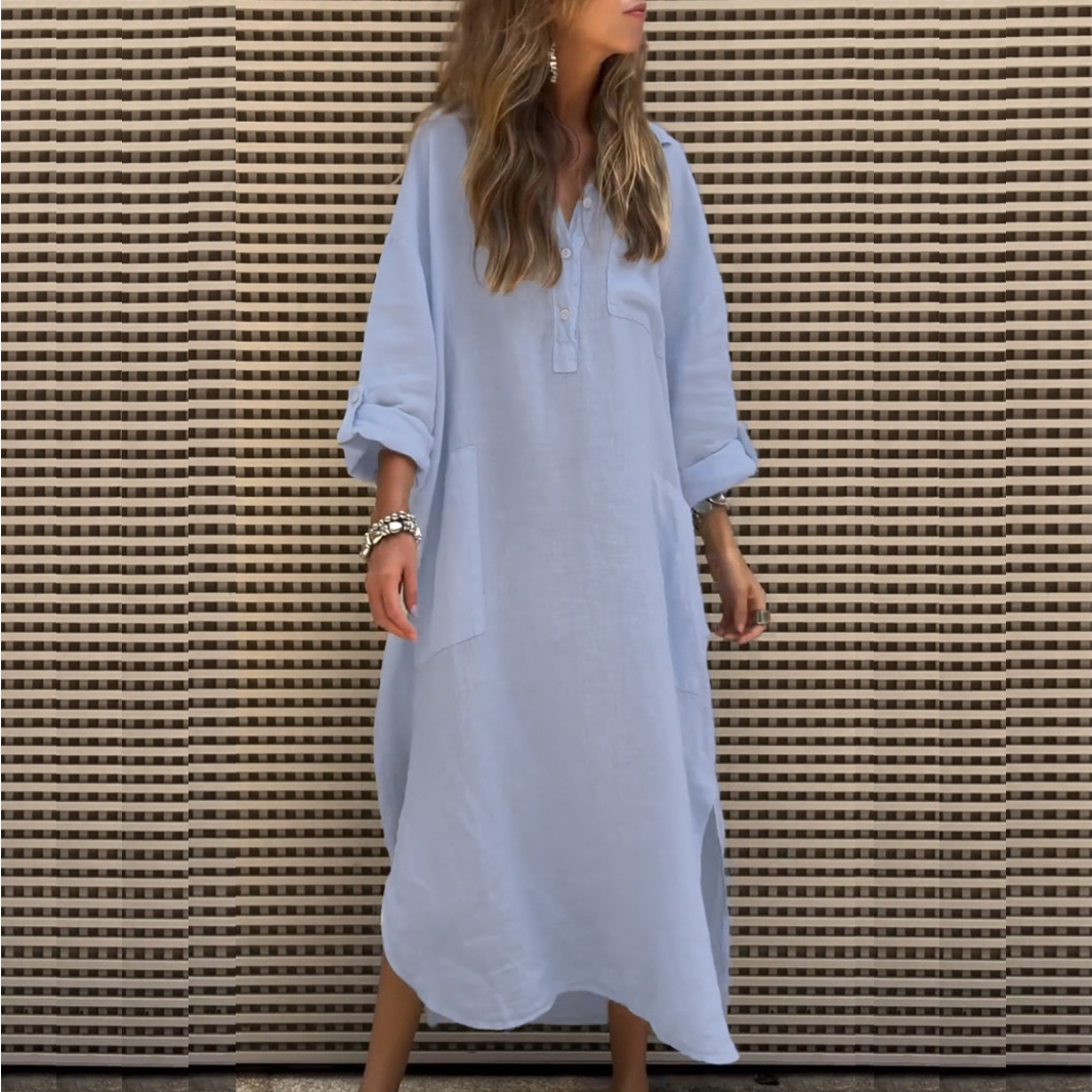 Women's Summer Slit Shirt Dress Solid Color Button-Down Midi Dress