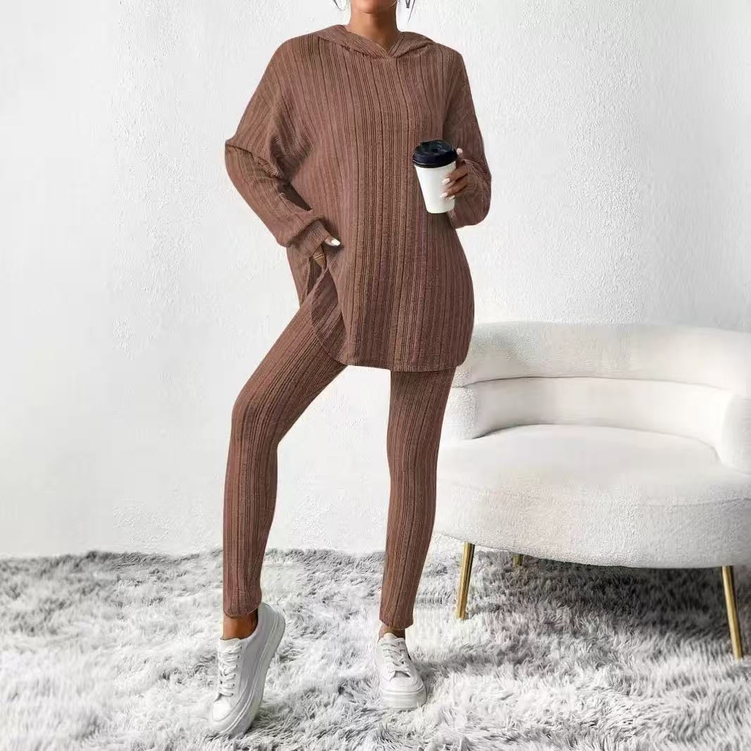 Women's Ribbed Knit Hooded Long Sleeve Lounge Set
