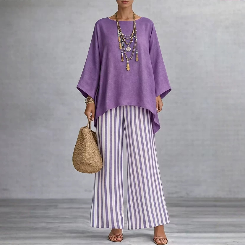 Women's Striped Print Cotton-Blend Two-Piece Set with Loose Collared Top and High-Waist Wide-Leg Pants