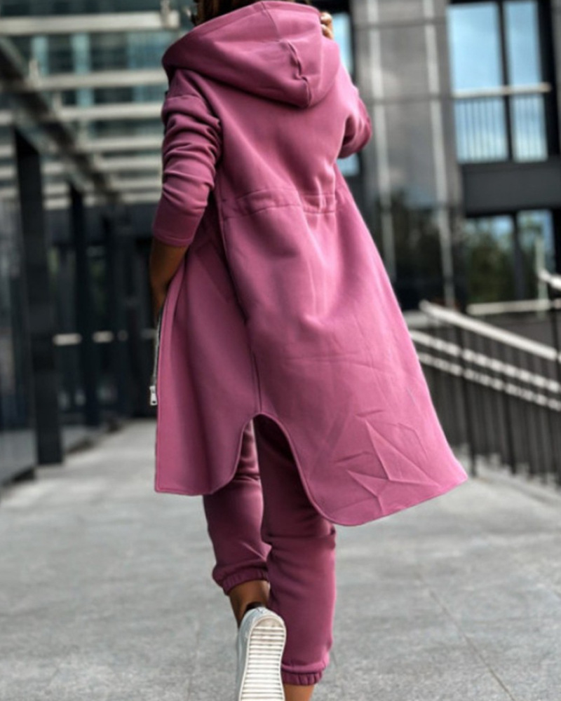 Women's Solid Color Long Sleeve Hooded Sweatshirt Set