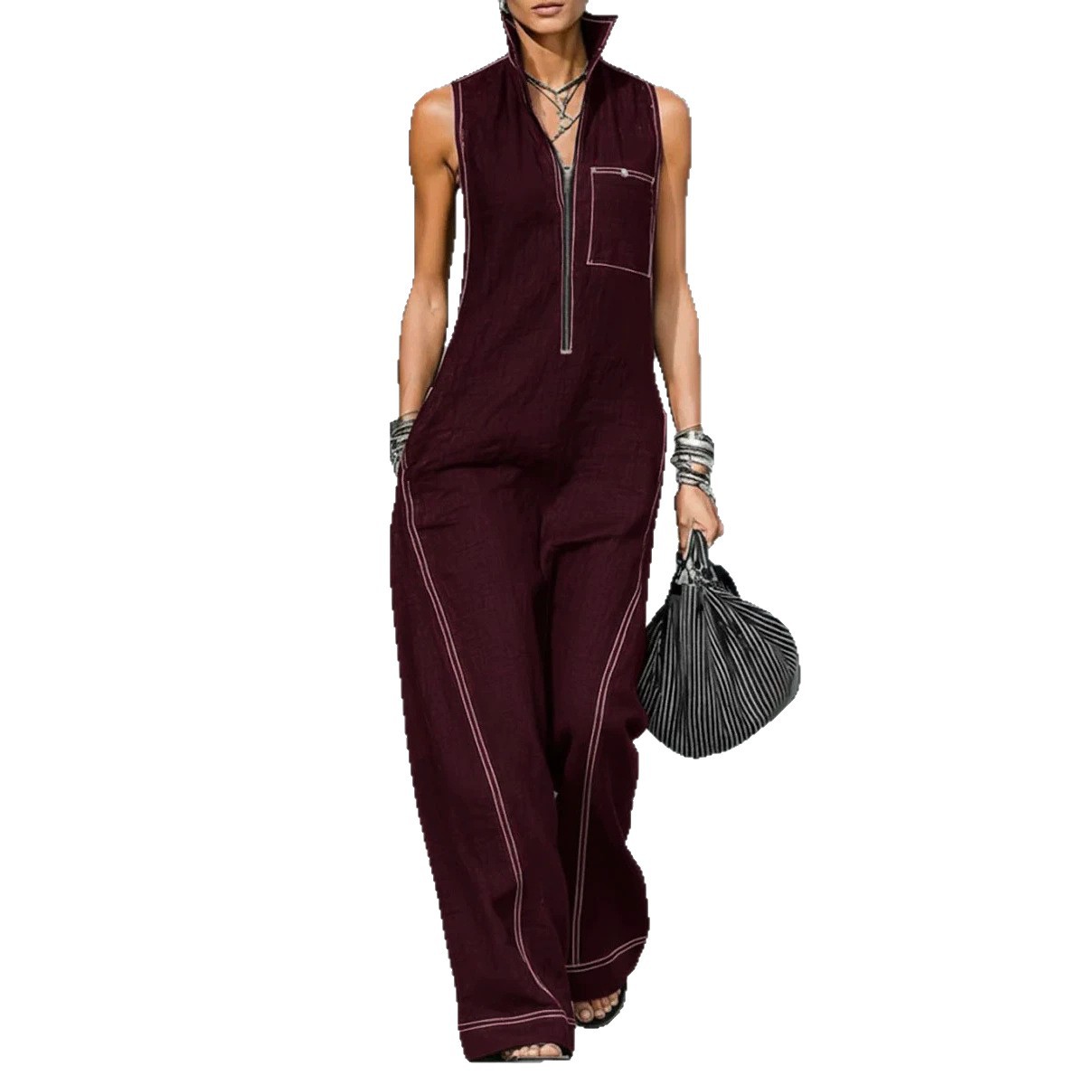 Women's Sleeveless Stand Collar Wide-Leg Jumpsuit